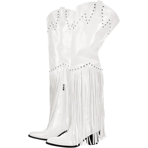 Women White Synthetic Fringe Thigh High Tassel Wide Calf...